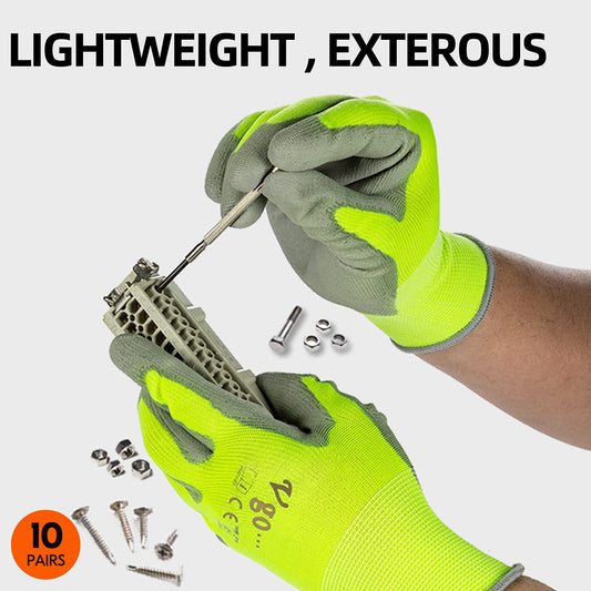 Vgo... 10-Pairs Safety Work Gloves, Gardening Gloves, Polyurethane Coated, Dipping Gloves, Latex Free (Size M, Yellow, PU2103)
