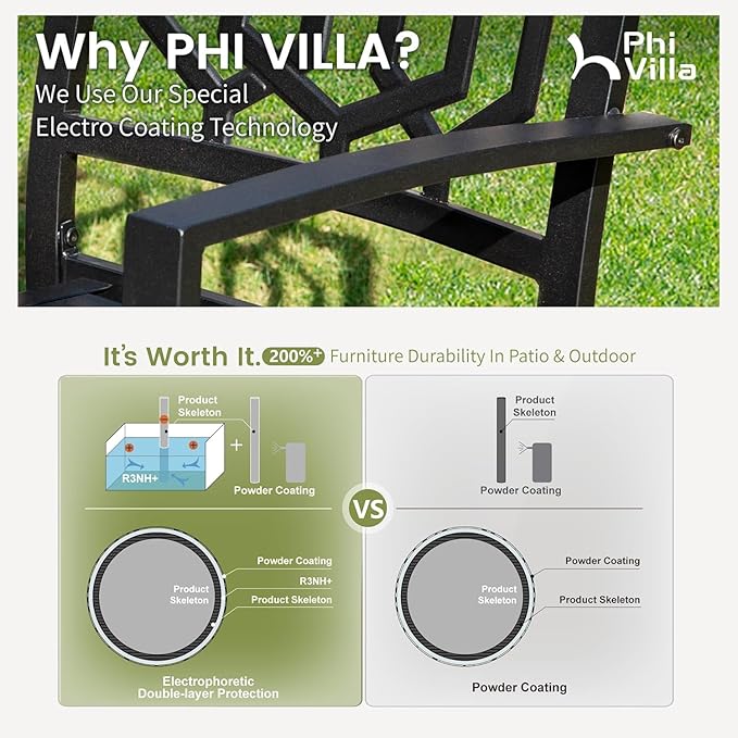 PHI VILLA 3 Piece Outdoor Bistro Set for 2, Metal Steel Round Table & Swivel Wrought Iron Chairs with Cushions, Small Furniture Conversation Set for Patio, Porch, Deck, Balcony