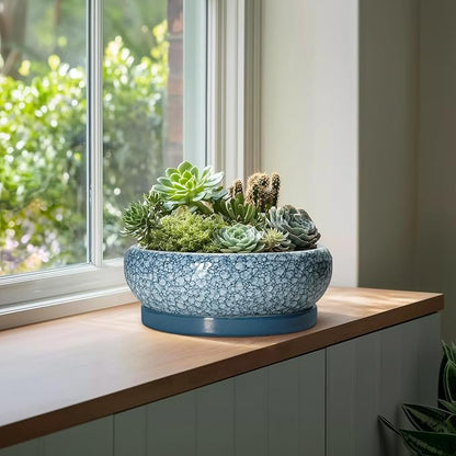 Large Succulent Planters - 13 Inch Ceramic Bonsai Pots with Drainage Hole and Saucer, Shallow Plant Pots Indoor Outdoor, Large Planter Bowl, Round Planter, Garden Decor, Gardening Gift, Blue