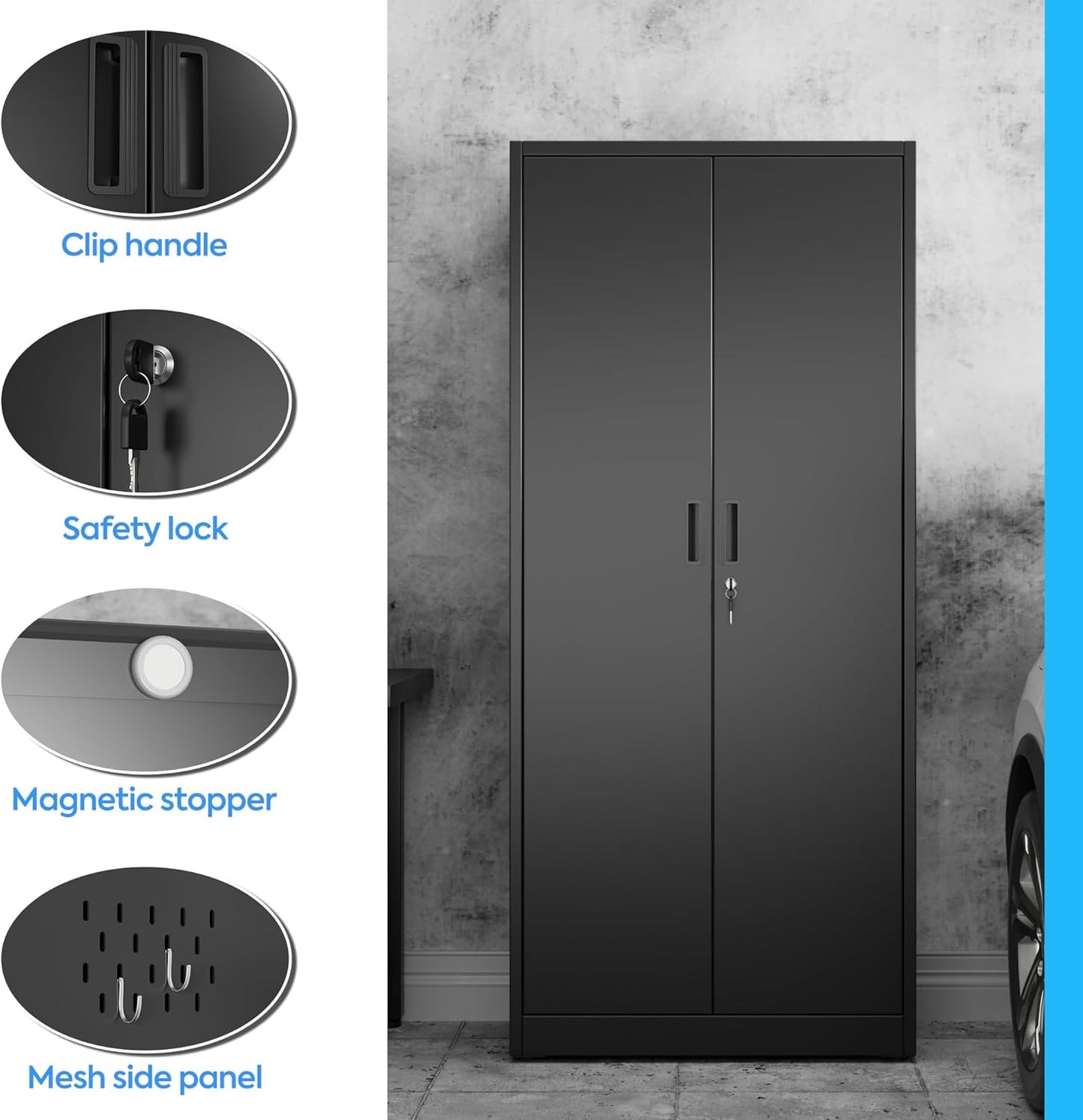 31.53 in Wide Garage Storage Cabinet, Metal Storage Cabinet with Pegboards and 4 Adjustable Shelves, Garage Storage System with Lockable Door for Offices, Gyms and Pantries, Black