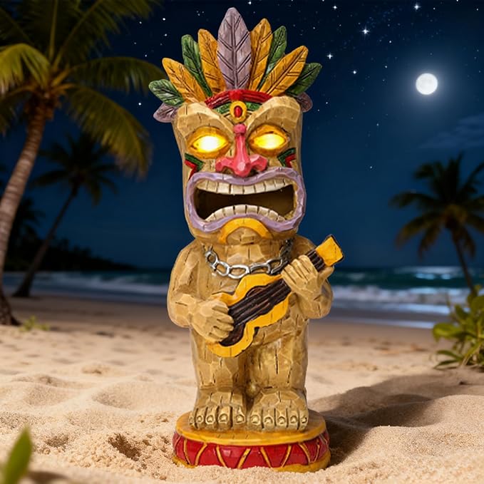 Solar Tiki Garden Statue with LED Eyes Outdoor Resin Ukulele Player Yard Decor Solar Light Hawaiian Style Lawn Ornament for Patio Porch Lawn Tiki Bar or Tiki Lover Funny Gifts Stocking Stuffers