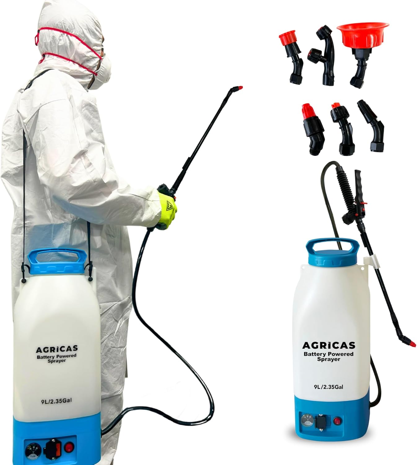 Battery Powered Sprayer 2.35 Gallon, Electric Garden Sprayer for Weed/Pest Control, 6 Nozzles, 50 PSI Pressure, Telescopic Wand, Shoulder Strap, Long-Lasting 12V Battery