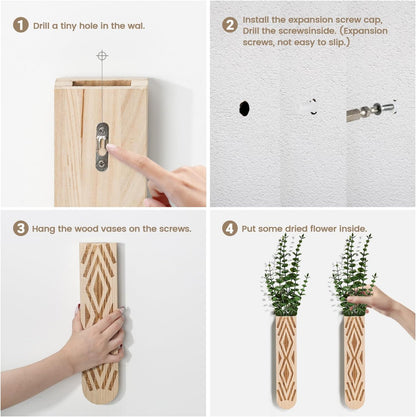 Wooden Wall Planter Set of 3 - Modern Bohemian Home Decor for Living Room, Bedroom, Bathroom - Beige Finish Planter for Dried Flowers, Faux Greenery, Indoor Plants