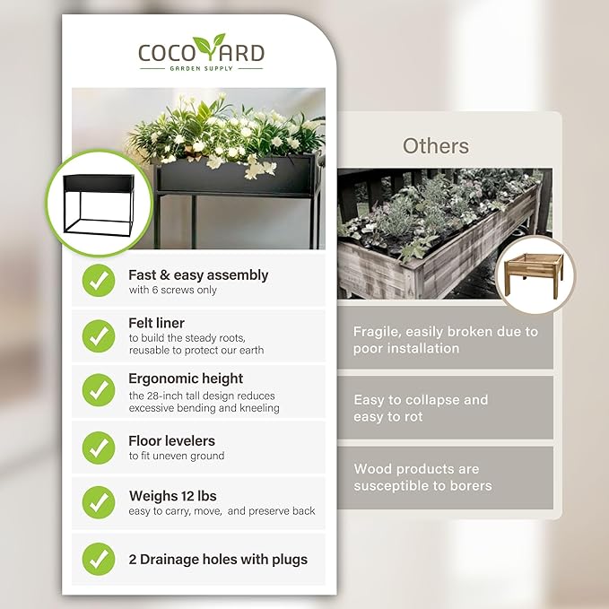 Cocoyard Elevated Planter Box - 28 Inch Durable Raised Garen Bed for Herbs and Flowers - Tall Rectangle Planter for Outdoor Plants & Backyard Gardening (Black, 28" H)