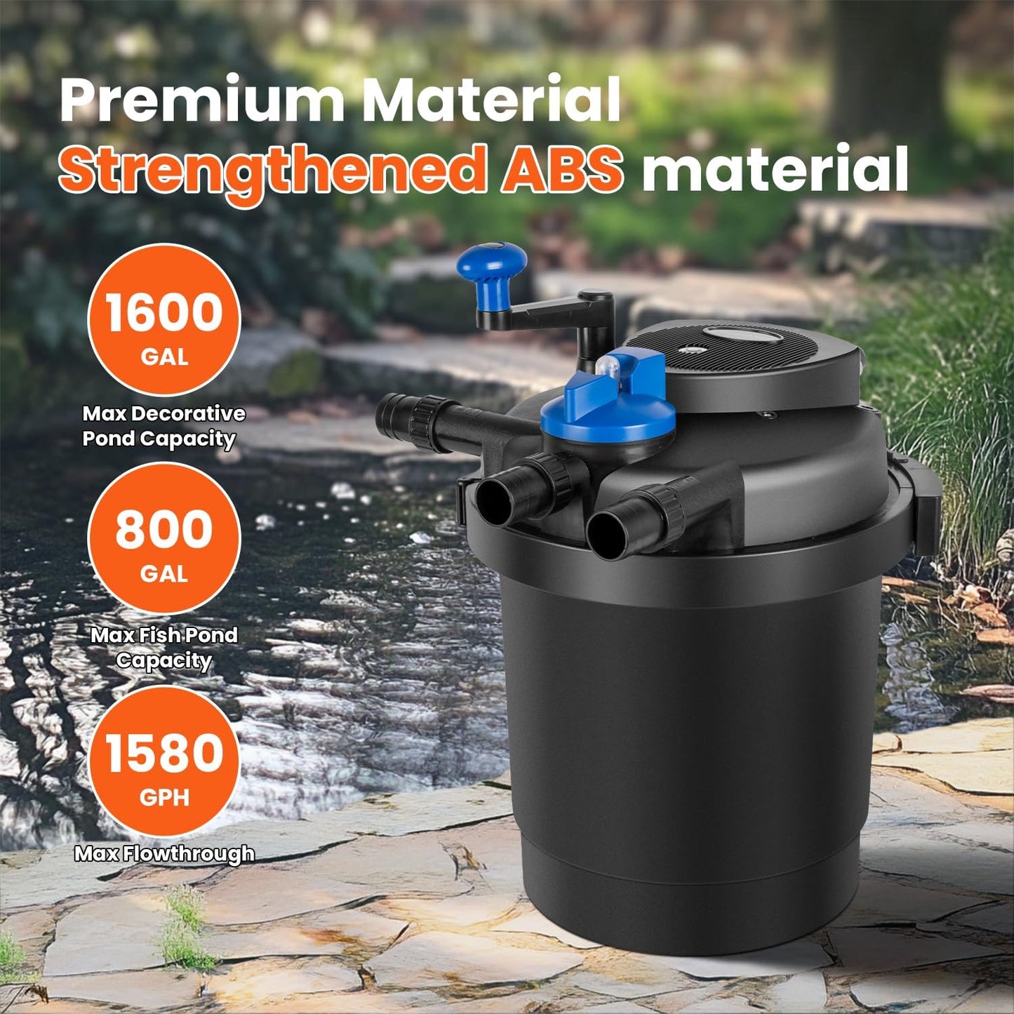 Anbull Bio Pressure Pond Filter, 1580GPH Pressurized Biological Pond Filter with 11watt Light, Pond Filter System with Convenient Cleaning Crank Handle for Fountain Pool, Koi Fish Aquarium Tank