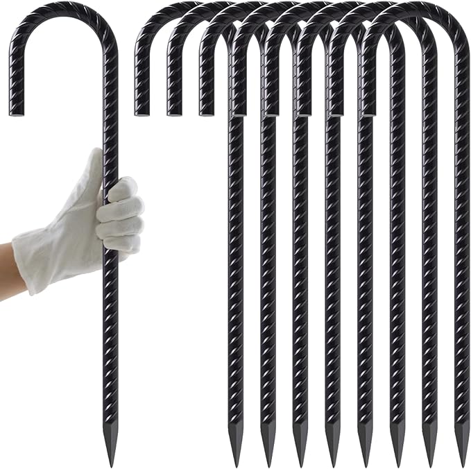 AAGUT Rebar Stakes 16 Inch J Hook Heavy Duty 8 Pack, 3/8 Inch Black Coated Metal Steel Ground Anchors Chain Link Fence Stakes for Camping Tent, Inflatables, Yard Decorations, Canopies & Swing Sets