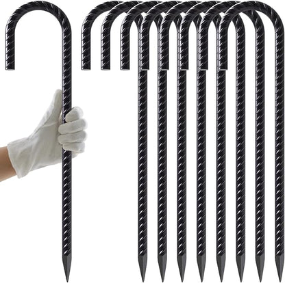 AAGUT Rebar Stakes 16 Inch J Hook Heavy Duty 8 Pack, 3/8 Inch Black Coated Metal Steel Ground Anchors Chain Link Fence Stakes for Camping Tent, Inflatables, Yard Decorations, Canopies & Swing Sets