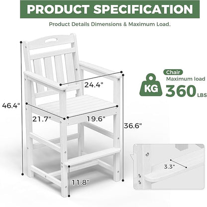HDPE Outdoor Patio Tall Adirondack Bar Chairs Set of 2, All-Weather Bar Height Balcony Adirondack Stools for Bistro, Garden, Backyard, Pool, Deck | White