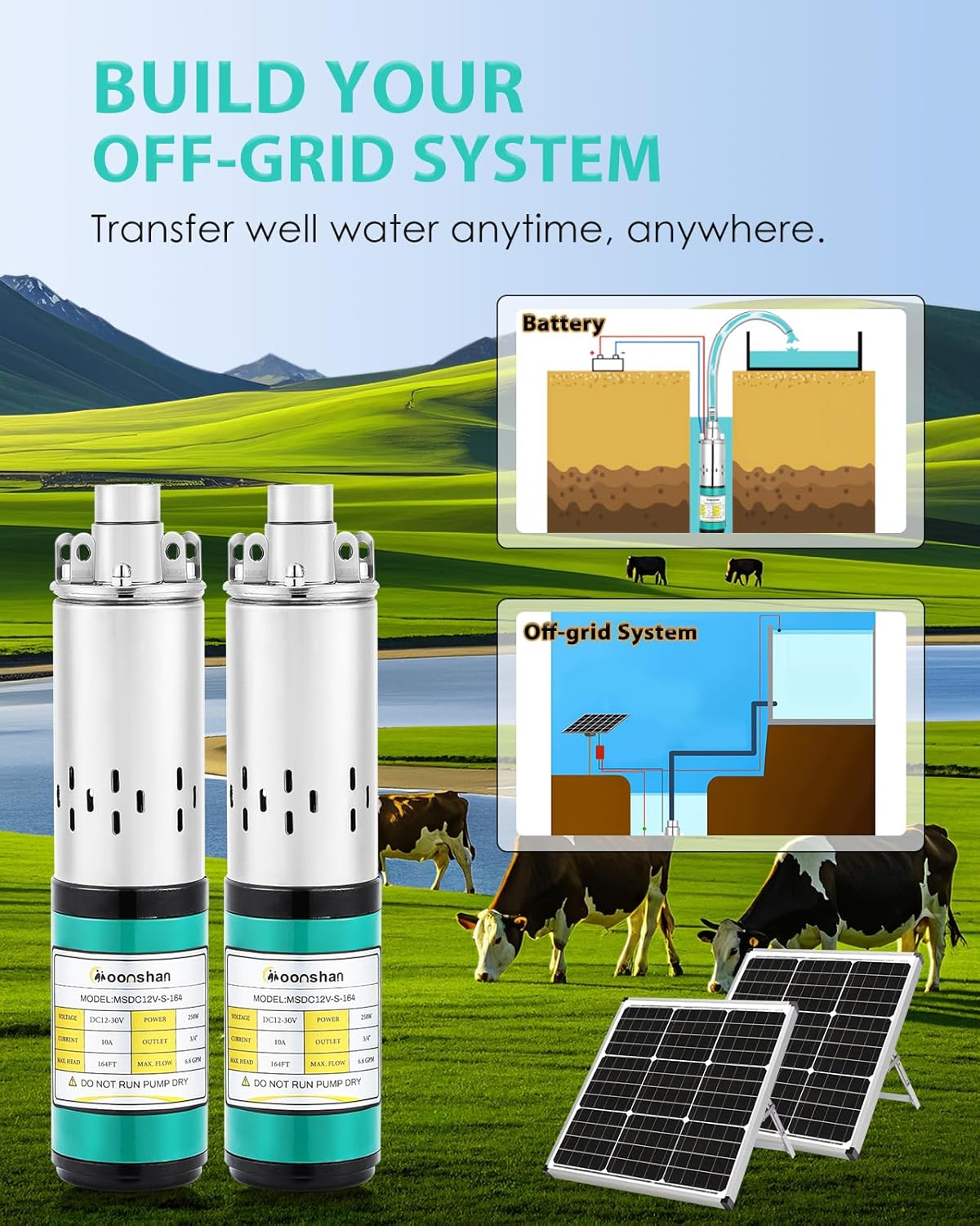 24V DC Deep Well Pump Solar Submersible Water Pump, Max Head 164 FT, Max Flow Rate 6.6 GPM, Stainless Steel Screw Pump for Well, Livestock, Water Reservoir
