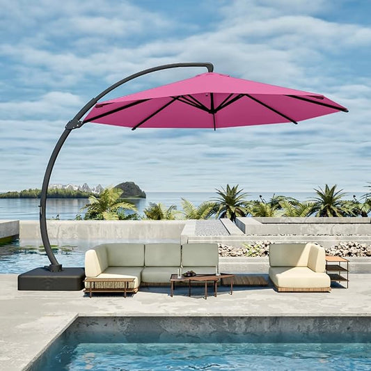 11FT Cantilever Umbrella with Base Large Curvy Outdoor Aluminum Offset Umbrella w/ 360° Rotation, UV Resistant Canopy for Patio, Garden, Backyard, Rose Pink