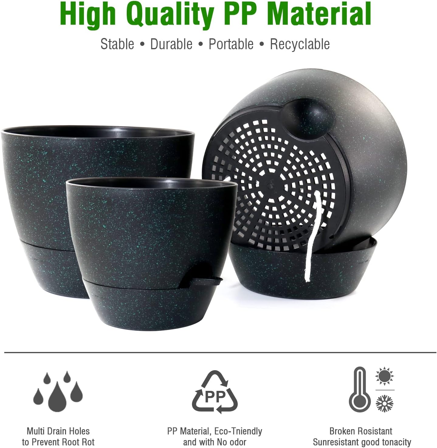 10/9/8 inch Self Watering Pots, Set of 3 Plastic Planters with Mesh Drainage Holes and Deep Reservoir for Indoor Outdoor Garden Plants and Flowers, Black with Green Speckles