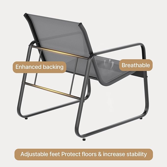 Gizoon Patio Chairs Set of 2, 3 Piece Patio Furniture Set, Bistro Sets,with Textilene Fabric, Metal Frame Coffee Table, Outdoor Chairs Set, for Balcony, Backyard,Lawn, Garden, Poolside, Grey