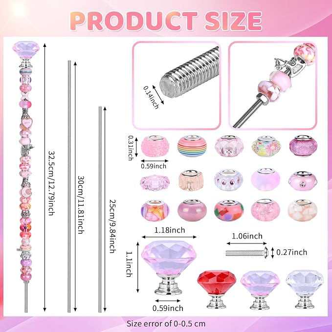 DIY Fairy Wand Garden Beads Stakes Wands Kit,Multiple Color Scheme European Beads Crystal Diamond Tops and 12 or 10 Inch Threaded Rods,Stainless Steel Stakes with Diamond Toppe(Pink+Rose+Red+White)