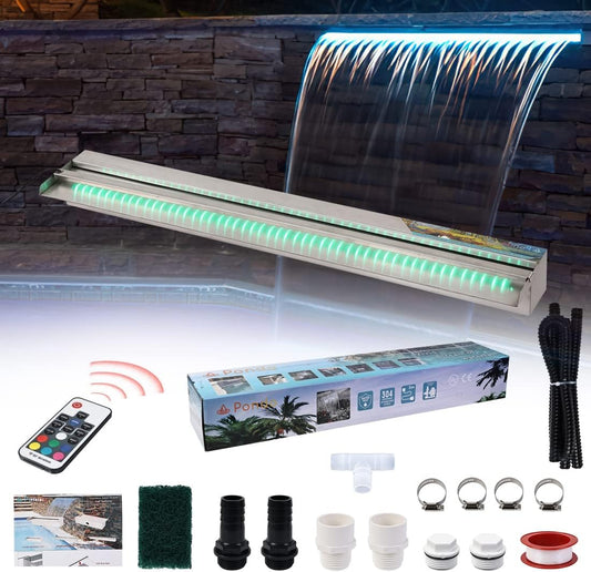 36" Water Pool Fountain 304 Stainless Steel Lighted Pool Waterfall Spillway with Wider Water Flow Platform, Multi-Color LED Strip Light with Remote Control for Indoor, Garden, Outdoor Decoration