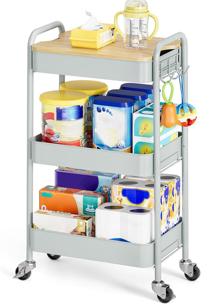 TOOLF 3-Tier Rolling Cart with Table Top, Metal Storage Cart on Wheels, Utility Organizer with Wooden Tray, Lockable Casters, Easy Assembly for Bathroom, Bedroom, Baby Room, Kitchen, Green
