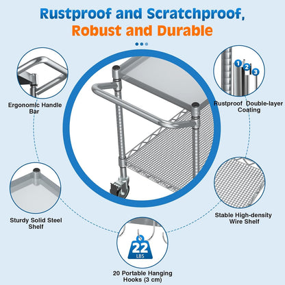 Leteuke 2 Tier Utility Tool Cart with Wheels, 900LBS Capacity Heavy Duty Rolling Utility Carts with Handle, Commercial Grade Metal Serving Storage Cart for Warehouse Garage Kitchen,Silver