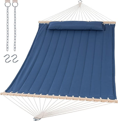 SUNCREAT Double Outdoor Hammock with Hardwood Spreader Bar, Extra Large Pillow, 475 lbs Capacity, Heavy Duty 2 Person Hammock, Blue