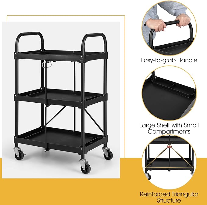 Goplus Folding Utility Cart on Wheels, 250lbs 3-Tier Rolling Tool Cart w/Lockable Casters & Compartments, Fast Fold up Collapsible Metal Service Cart for Office, Garage, Kitchen, Black
