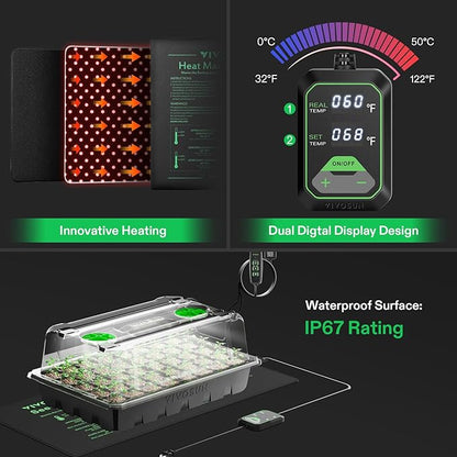 VIVOSUN 1-Pack 40-Cell Seed Starter Trays with 1 Set of LED Lights and 10"x20.75" Seedling Heat Mat, 3.6" Higher Cover, Adjustable Vents, Drainage Holes, Green Propagation Tray for Planting Seeds