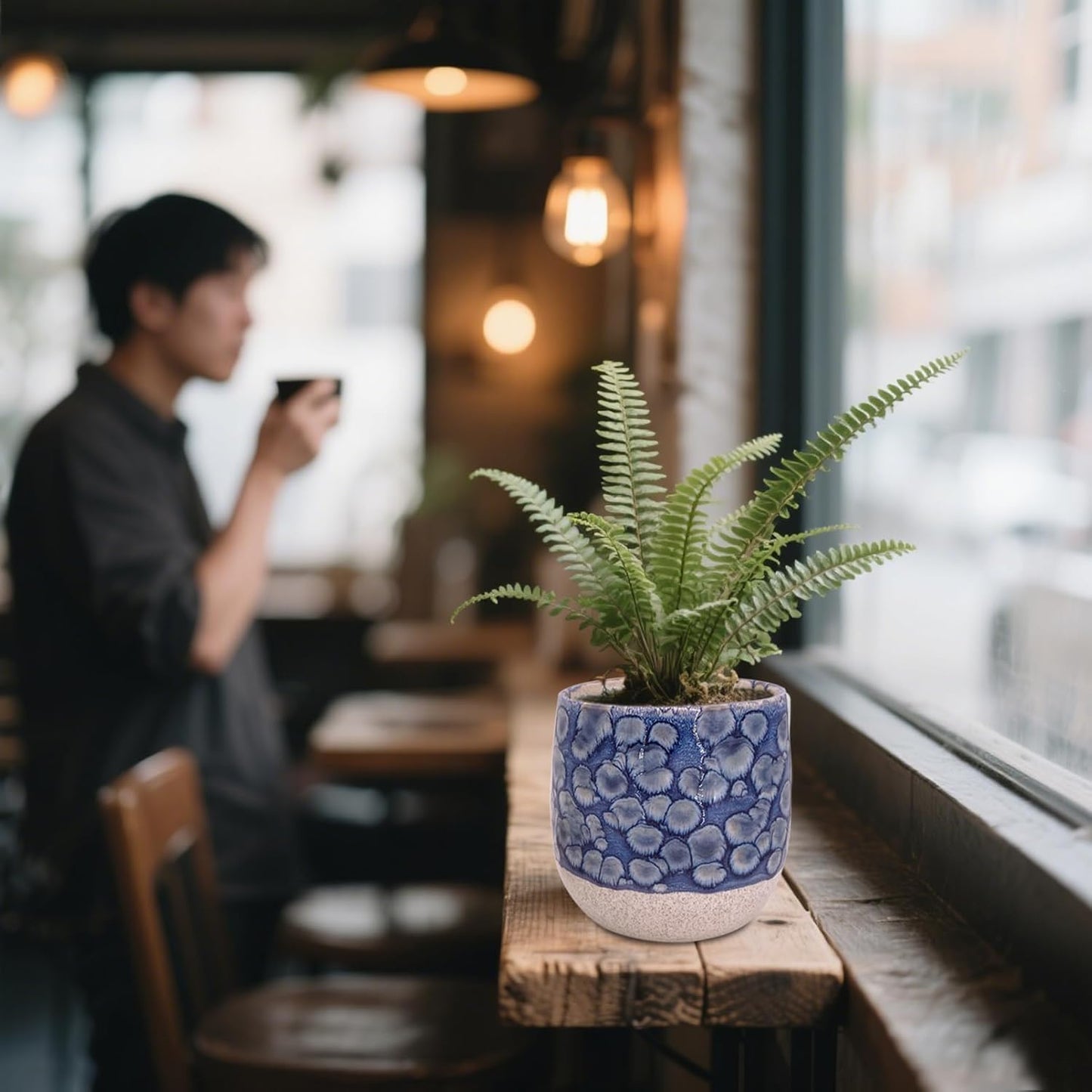6 in Ceramic Plant Pot with Saucer，Indoor Plant Pot for Plants, Flower Pot with Drainage，Reactive Glaze Blue