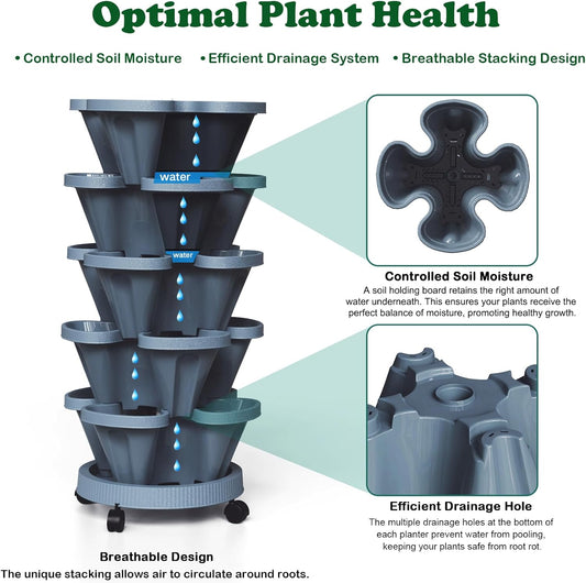7 Tiered Strawberry Planters 3 Pack, Vertical Stackable Planter, Herb Stacking Tower Garden, Flower and Vegetable Planters with Support Pole Indoor and Outdoor with Removable Wheels Dark Grey