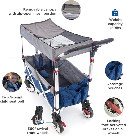 Creative Outdoor Push Pull Stroller Wagon for Kids,150lbs Weight Capacity, Collapsible Folding Cart with Canopy, Silver Series Plus, Beach, Park, Garden & Tailgate (Blue/Gray)