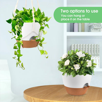 Hanging Planters for Indoor Outdoor Plants, 2 Pack Self Watering Hanging Pot with Drainage Holes, Removable Tray & 2 Kinds of Plant Hangers, 10'' Hanging Flower Pots for Home Garden Decor, White