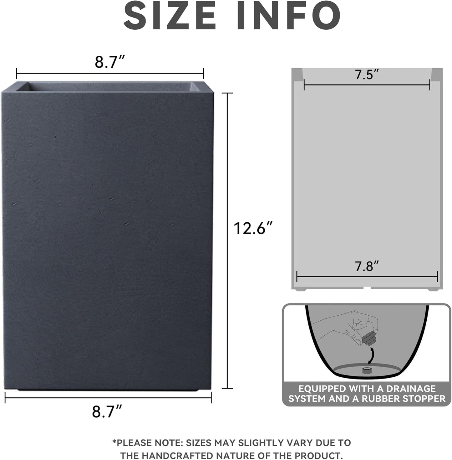Kante 12.6" H Tall Rectangular Concrete Planters, Outdoor Indoor Lightweight Plant Pots with Drainage Hole and Rubber Plug, Modern Style for Home Garden Patio, Charcoal