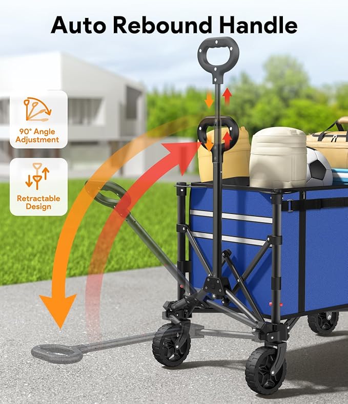 Collapsible Wagon Cart with Wheels 220lbs Foldable Wagon 120L Shopping Cart for Groceries Folding Utility Wagon for Beach, Garden, Camping, Sport, Wheelbarrows, Indigo