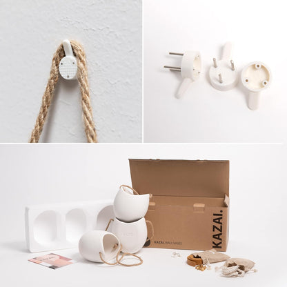 Kazai. Wall Planters -Ellie- | Hanging Ceramic Plant Pots 3 Pieces | Wall Decoration for Indoors, Balcony and Garden | White (Matte)