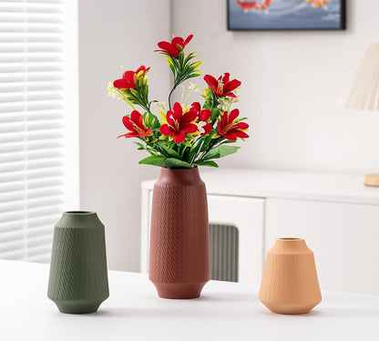 Ceramic Vase Set of 3, Modern Multicolor Pattern Flower Vases for Home Decor, Office, Centerpieces, Boho Farmhouse Style (Red/Green/Orange)