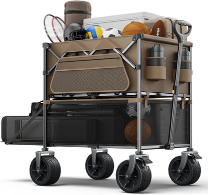 Foldable Wagon Cart,Everyfun 480Lbs Double Decker Wagon,Beach Carts with Big Wheels&Side Pocket&Dustbag,Large Capacity Folding Wagon for Shopping,Garden,Camping,Fish,New Wave Sports Wagon-Brown