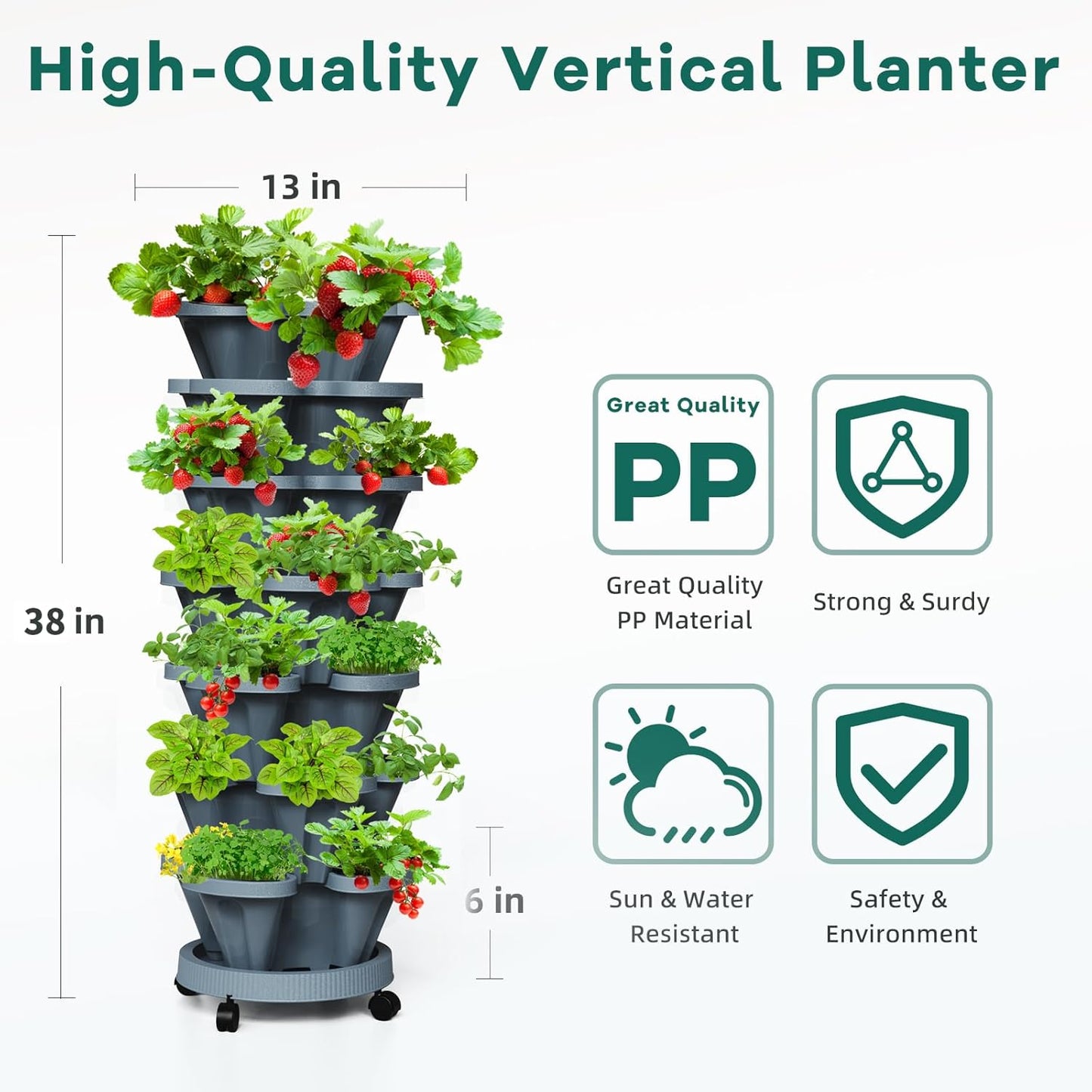 Strawberry Vertical Planter Tower Garden, 7 Tiered Stackable Planter Herb Garden Planter with Movable Casters and Bottom Saucer Indoor and Outdoor - Dark Grey