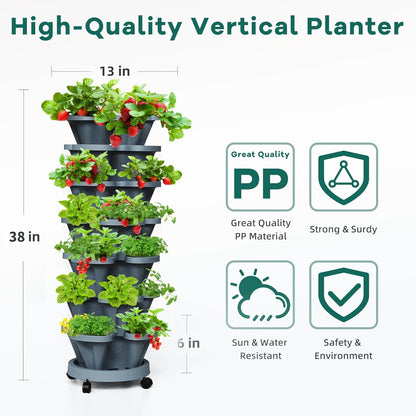 7 Tiered Strawberry Vertical Planter 2 Pack, Stackable Tower Garden Planter Herb Garden Planter with Movable Casters and Bottom Saucer Indoor and Outdoor - Dark Grey