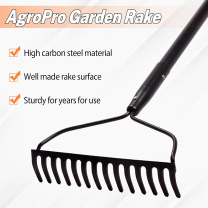Garden Rake for Lawn Heavy Duty, 14 Tines Metal Rake with Thick Fiberglass Handle, 58 Inches