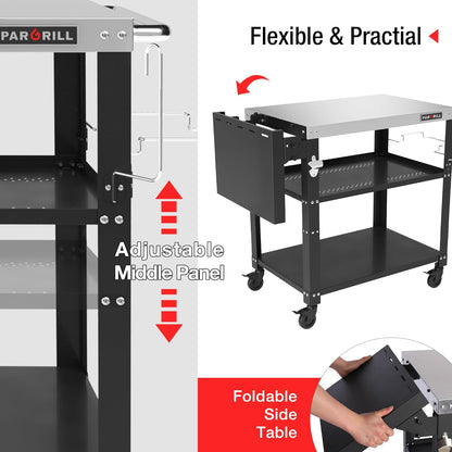 46.6" L x 20" W Three-Shelf Outdoor Grill Table, 4 Swivel Casters with Brake, Movable Outdoor Prep Table with Foldable Side Table, Stainless Steel Pizza Oven Table, BBQ Grilling Table