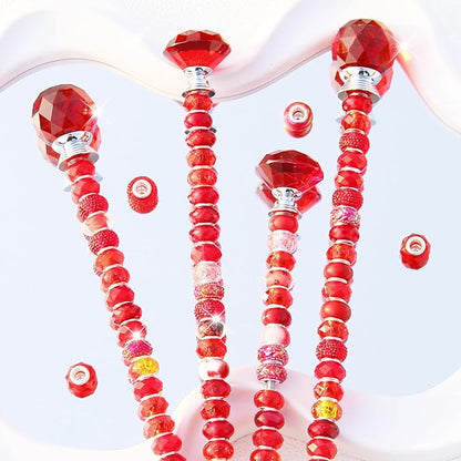 119Pcs Garden Stake DIY Fairy Wand Plant Stake with Red Large Hole Beads Crystal Diamond Stopper Top 4 Stainless Steel Threaded Rod Beaded Garden Stakes for Outdoor Indoor Yard Patio Decorations