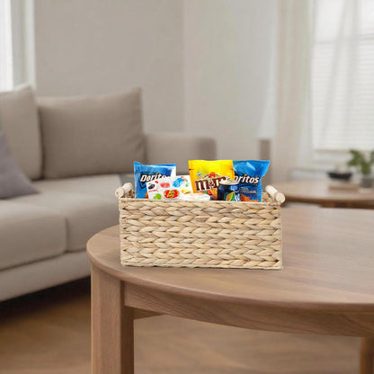 Handmade Water Hyacinth Woven Storage Baskets with Wooden Handles, Rectangle Rustic Organizer Set for Home Decor, Kitchen, Bedroom & Office (Medium)