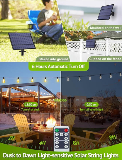 48FT Solar String Lights Outdoor with Remote, Waterproof Dimmable Patio Lights with 15+1 LED ST38 Bulbs 3 Modes Hanging Lighting for Backyard