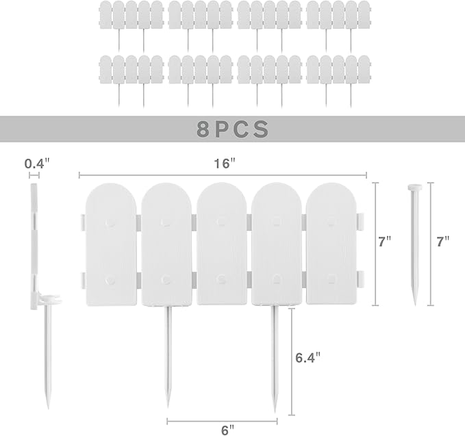 Evelyne Garden Border Edging: Wooden Fence Design - 8pcs White Yard Landscaping Fence Liner Lawn Edge Barrier - 10ft Kit of Decorative Lawn Landscape Panels Elements -Landscaping Edging-GMT-10374-D08