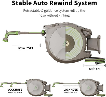 PINWHEEL 5/8in 75FT Retractable Garden Hose Reel, Automatic Retractable Hose with 10-Pattern Spray Nozzle, 180° Swivel Bracket, 3-Layer PVC Durable Water Hose for Yard Lawn Care