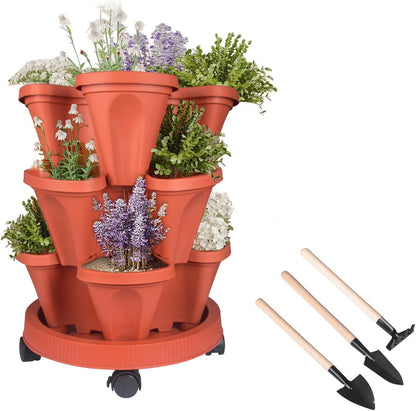 DUNCHATY Stackable Planters 3 Tier Vertical Garden Planting Tower Planters Strawberry, Herb, Flower, and Vegetable Planter Indoor Outdoor Gardening Pots with Removable Wheels and Tools