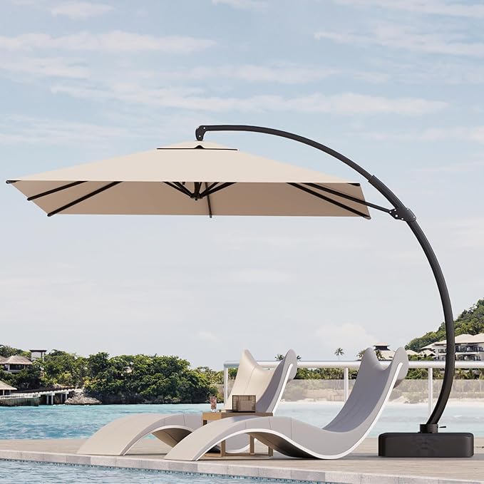Kingdura 10x10 FT Cantilever Patio Umbrella with Base Included, Large Square Offset Outdoor Pool Umbrella, 360° Rotation & Infinite Tilt, Heavy Duty Aluminum Frame for Deck Backyard, Beige