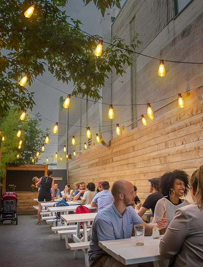 144FT(3x48FT) Solar Outdoor String Lights with Remote & Timer, Waterproof Dimmable Patio Lights with 54+3 ST38 LED Bulbs for Porch Party-Black