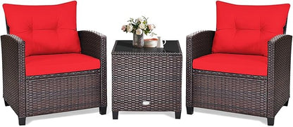 KOTEK 3 Piece Patio Furniture Set, Outdoor Conversation Set with Washable Cushions & Tempered Glass Tabletop, PE Rattan Wicker Bistro Set for Porch, Garden, Balcony (Red)