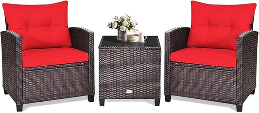 KOTEK 3 Piece Patio Furniture Set, Outdoor Conversation Set with Washable Cushions & Tempered Glass Tabletop, PE Rattan Wicker Bistro Set for Porch, Garden, Balcony (Red)