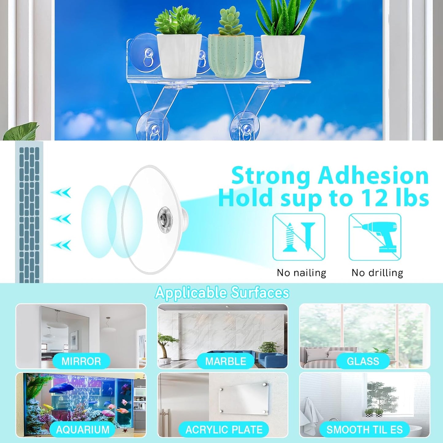 15-Inch Window Boxes Sill Planter Suction Cup Holder, 5-Inch Extra Wide Window Sill Extender, with Load Bearing Bracket for Herbs, Succulents, Clear Acrylic Indoor Plant Stand