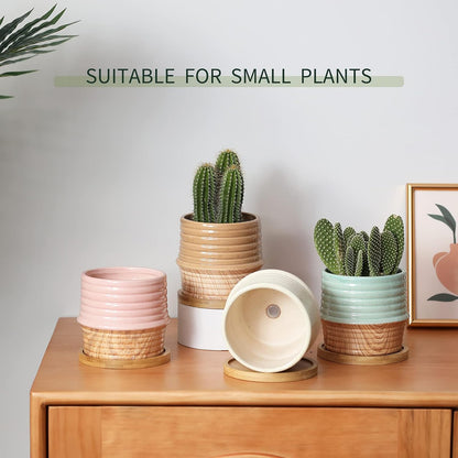 OMAYKEY 4 Inch Ceramic Plant Pot with Saucer, Water Transfer Printing Grain Planters Pots with Drainage Hole & Mesh Pads for Succulent, Indoor Flowers, Snake Plants, Cactus, Herbs, Set of 4