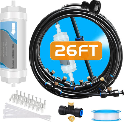 Misting System with Water Filter - Upgraded Signice 26 Ft (8M) Line & 7 Brass Mist Nozzles Outdoor Misters for Patio Cooling Mister Systems Kit for Outside Garden Backyard Greenhouse (Black)