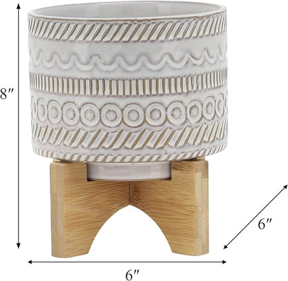 Sagebrook Home Ceramic Planter with Stand - Decorative Stoneware Plant Pot with Bamboo Wood Base - Boho Style Indoor & Outdoor Garden Decor for Home & Office - 8" Ivory & Tan